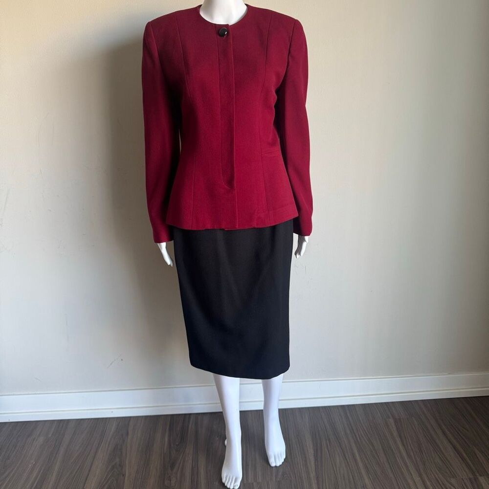Vintage Christian Dior Wool Skirt Suit Set Burgundy Red Blazer Black Pencil Skir